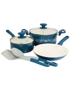 Spice by Tia Mowry Savory Saffron 7 Piece Ceramic Nonstick Aluminum Cookware Set with Nylon Utensils in Teal